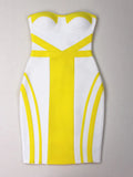 2024 Sexy Women'S Yellow Striped Patchwork White Bandage Dress Strapless Sleeveless Backless Bodycon Mini Dresses Party Vestidos