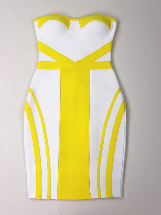 2024 Sexy Women'S Yellow Striped Patchwork White Bandage Dress Strapless Sleeveless Backless Bodycon Mini Dresses Party Vestidos