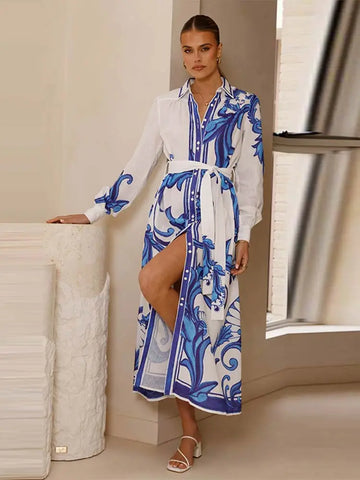 Fashion Printed Slim Women Maxi Dress Lapel Puff Long Sleeve Single Breasted Lace Up Slim Evening Dresses Chic Ladies Robes New