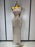 Women Sexy One Shoulder Long Dress High Street Designer Elegant Split Elegant Evening Party Luxury Birthday Dress Vestido Beige