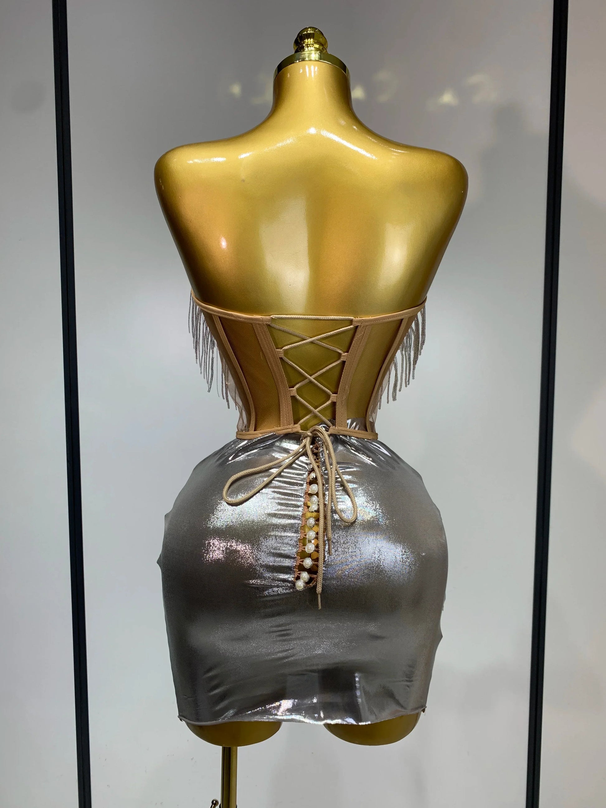 Sparkly Sliver Rhinstones tassels Top Skirt Two Piece Set Women Sexy Strapless Nightclub Birthday Evening Party Stage Outfit