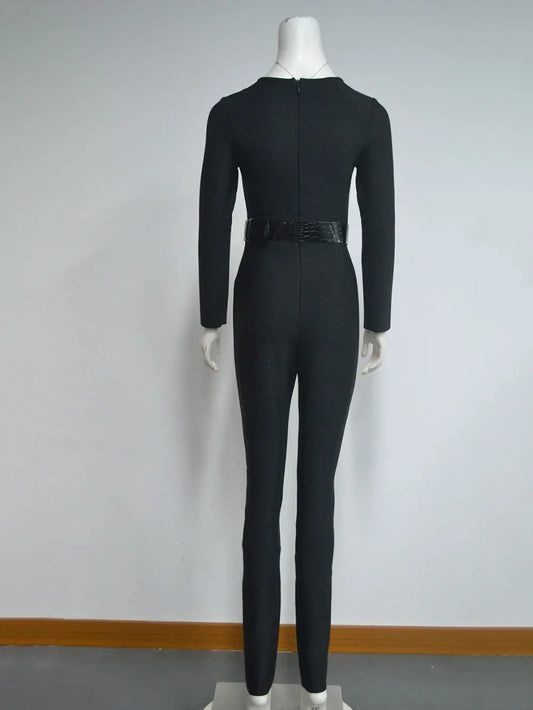 Women'S Bandage Pencil Jumpsuit V-Neck Long Sleeved Tight Black Waistband Design+Jumpsuit Evening Party Jumpsuit