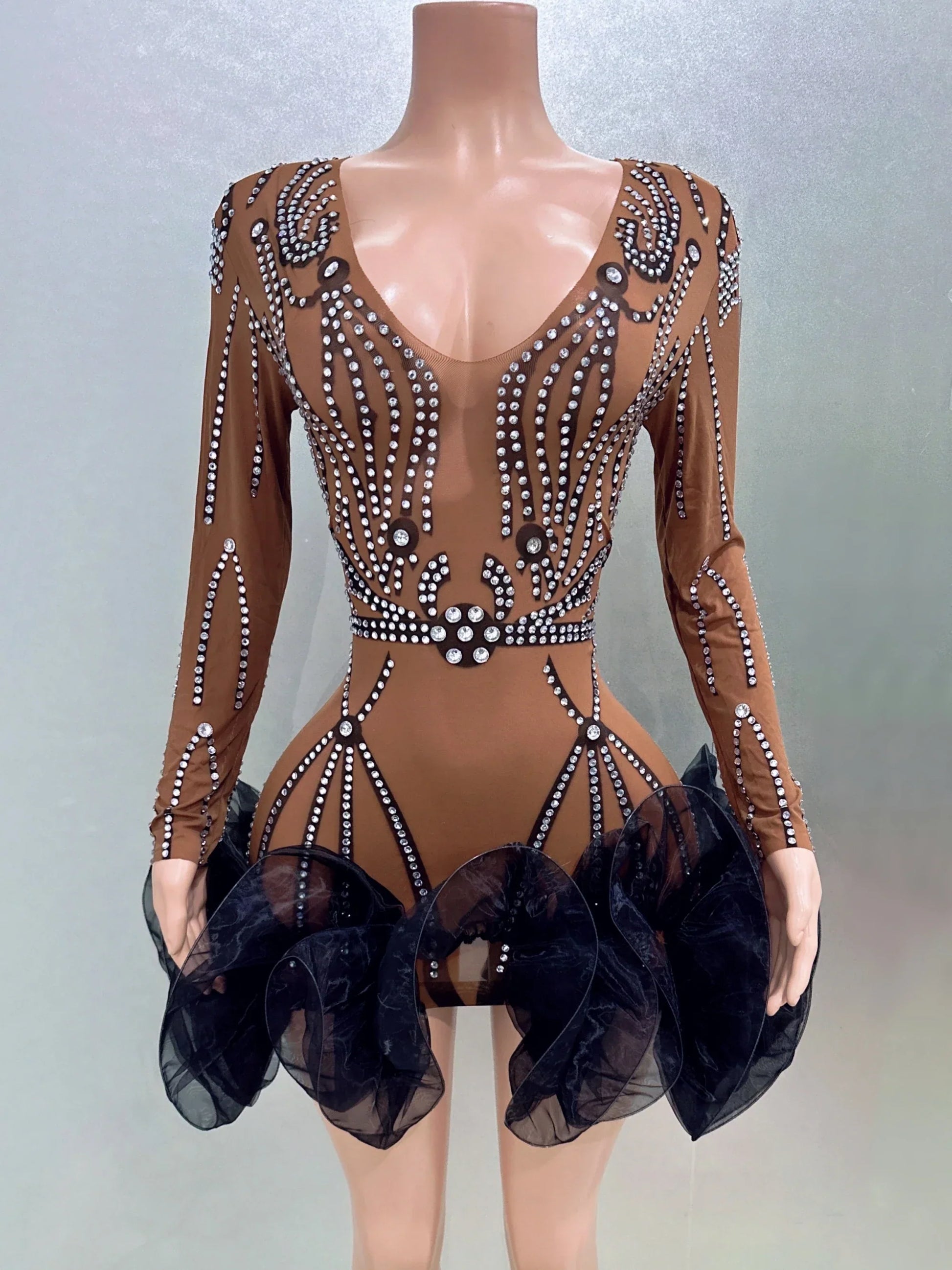 STOCK Women Long Sleeve Sexy Mesh Bodycon Ball Gown Mini Dress Bar Singer Nightclub Party Celebrate Performance Costume Wear Brown