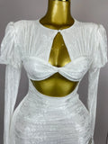 Women White Birthday Dress Fashion Long Sleeve O Neck Cut Out Bodycon Mini Trailing One Piece Celebrity Evening Club Dresses