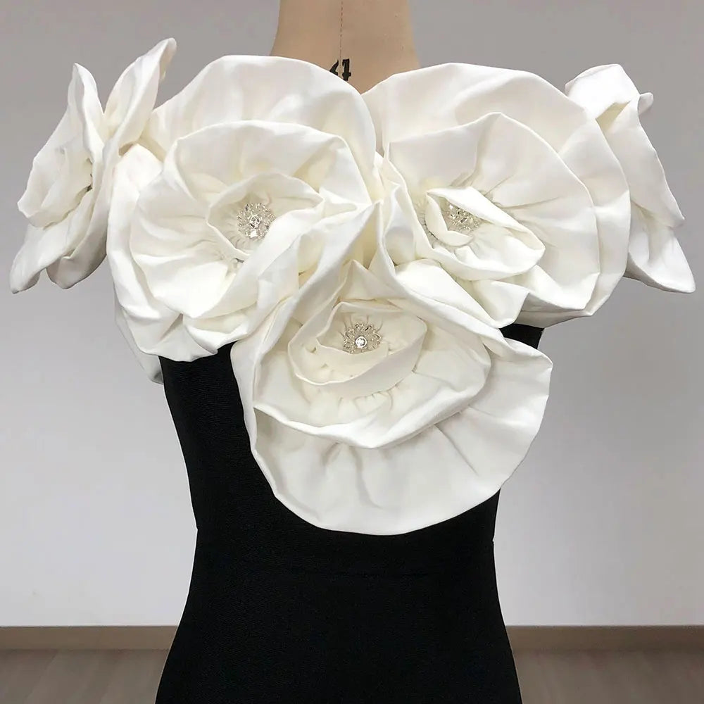 2024 Sexy Women's 3D Flower Decorative Bandage Dress with One Collar Shoulder Bodycon Bareback Long Dress Evening Party Vestidos