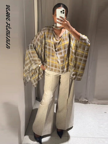 Elegant Women's Blouses Plaid Scarf Cape Shirt Autumn 2025 Female Checkered Loose Fitting Shirt Fashionable Ladies New Partywear