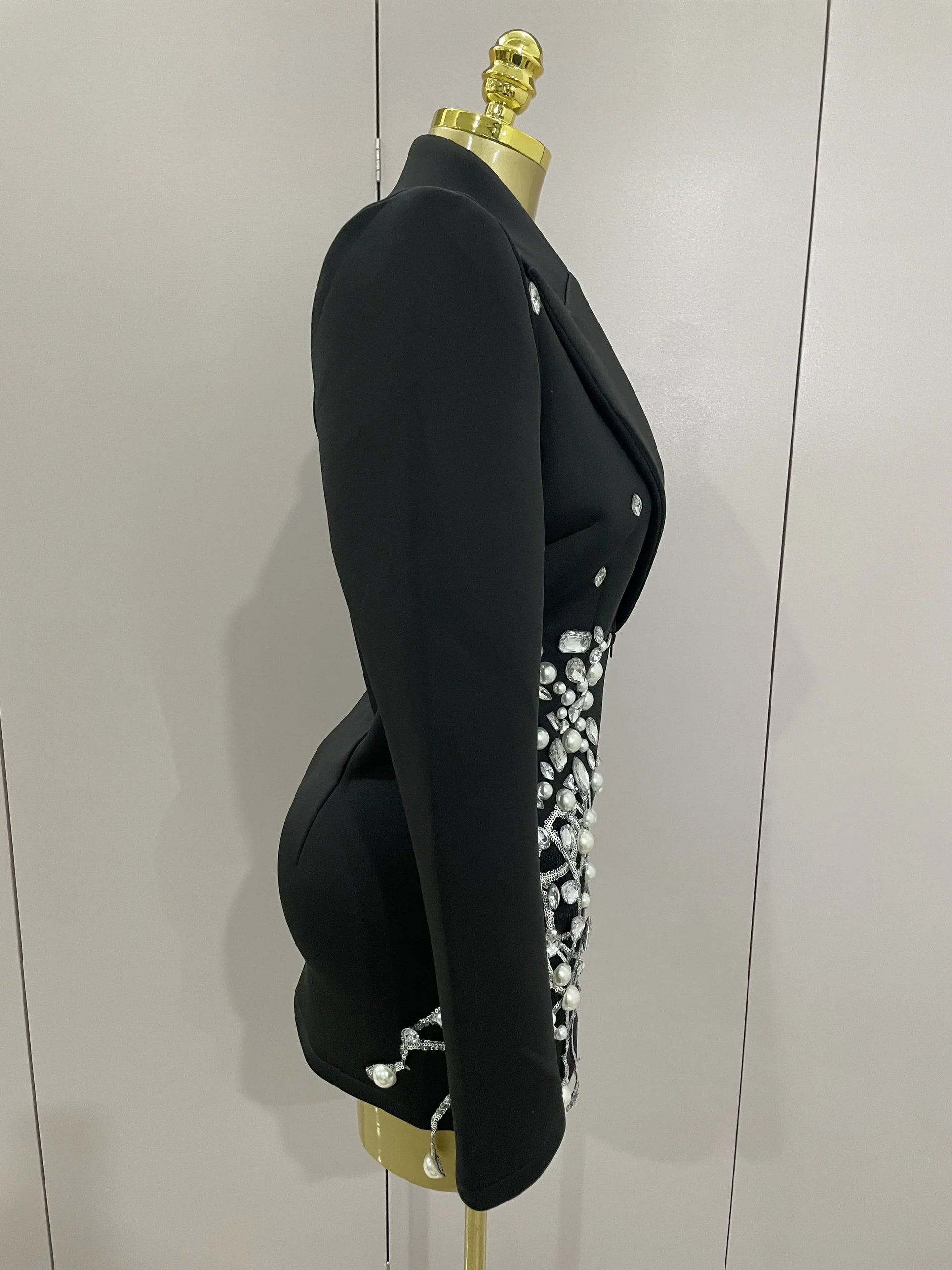 Sparkly Crystal Chains Pearls Long Sleeve Mini Dress Women Birthday Evening Party Nightclub Outfit Singer Wedding Costume