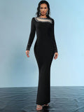 2025 Elegant Women's Nail Bead Patchwork Bandage Dress O-neck Long Sleeve Bodycon Black Long Dress Evening Club Party Vestidos black