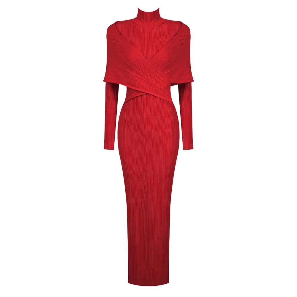2024 Elegant Women Christmas Bandage Dress Stand Collar Patchwork Long Sleeve Bodycon Long Dress Cocktail Evening Party Vestidos Red