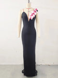 2024 Sexy Women's 3D Flower Decoration Long Dress Strapless Sleeveless Bodycon Backless Max Dress Cocktail Evening Party Vestido black