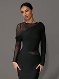 2025 Elegant Women 3D Hot Diamond Mesh Patchwork Bandage Dress O-Neck Long Sleeve Bodycon Black Long Dress Evening Party Vestido