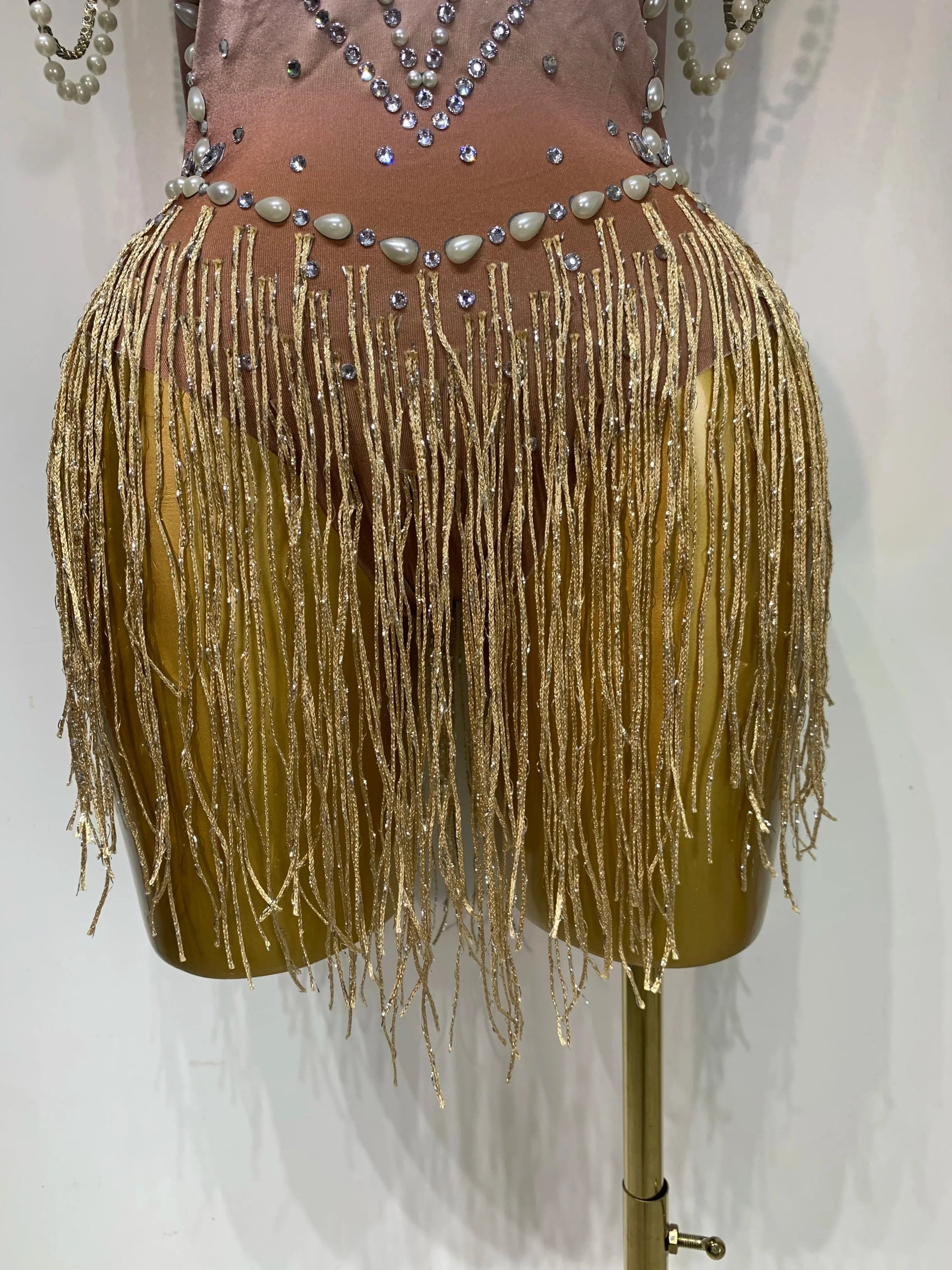 Women Sexy Stage Performance Fringe Leotard Shiny Crystal Sleeveless Tight Bodysuit Evening Party Nightclub Drag Queen Costume