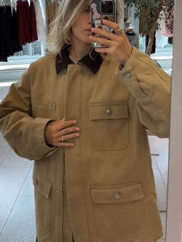 Lapel Patchwork Oversized Autumn Jacket Women Turn-down Collar Long Sleeve Zipper Pockets Coats New Fashionable Ladies Outerwear