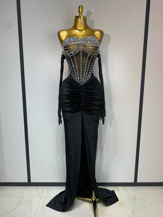 Women Sexy Strapless Rhinestone bodysuit Skirt Three Piece Set Celebrity Elegant Evening Party Birthday Dresses Stage Costume