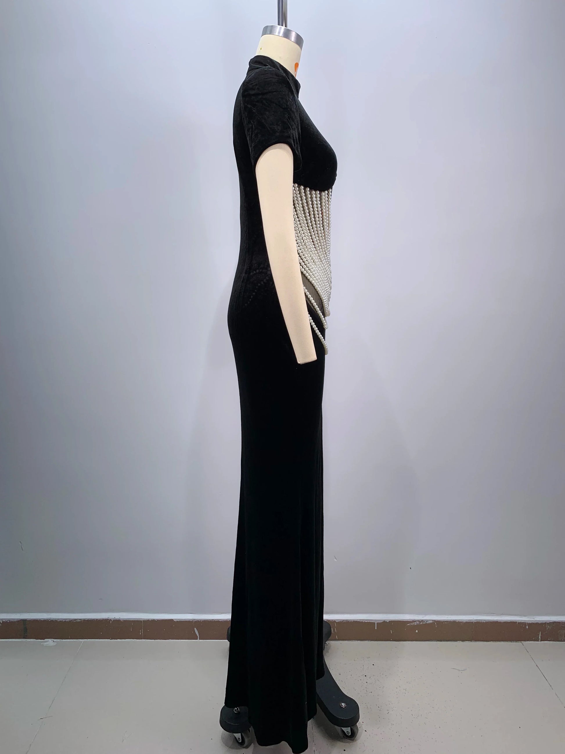 2024 New Celebrity Red Carpet Dress Women Sexy Short Sleeve Pearl Beading Bodycon Long Dress Evening Party Prom Outfit Vestido