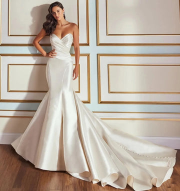 Exquisite Strapless Mermaid Wedding Dress Sleeveless Pleats Satin Bridal Dresses Bride Party Gown vestidos de novia