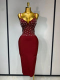 Women Sexy V-neck Elegant Pearl Bodycon Bandage Dress 2025 Celebrity Evening Prom Club Luxury Birthday Party Nightclub Dresses Burgundy