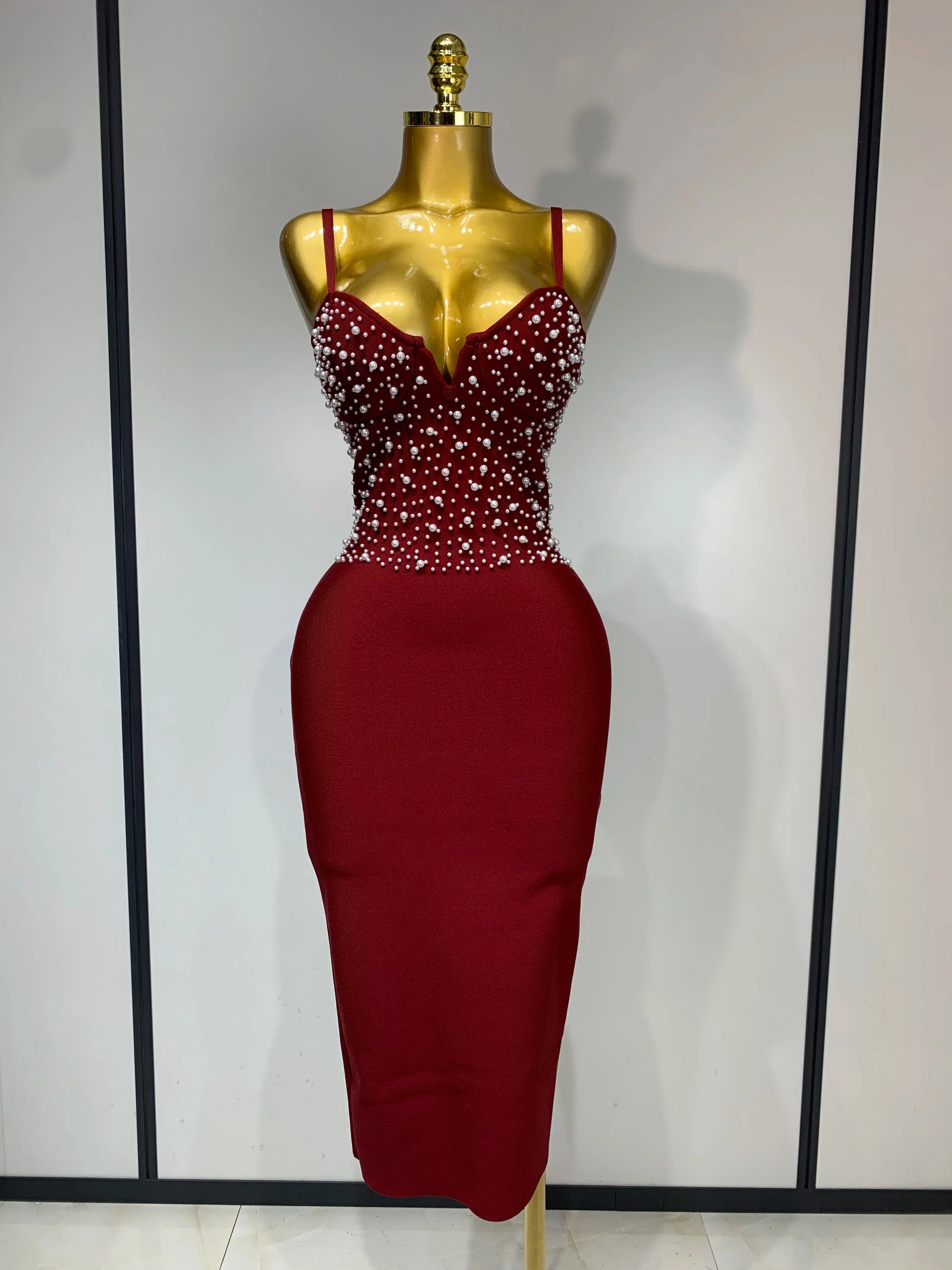 Women Sexy V-neck Elegant Pearl Bodycon Bandage Dress 2025 Celebrity Evening Prom Club Luxury Birthday Party Nightclub Dresses Burgundy