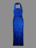 2025 Spring Sexy Women's Hanging Neck Sleeveless Blue Velvet Dress Fashion Bodycon Backless Long Dresses Evening Party Vestidos