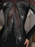 2025 Sexy Women'S Light Luxury Rhinestone Mesh Patchwork Bandage Dress O-Neck Long Sleeved Bodycon Evening Club Party Long Dress