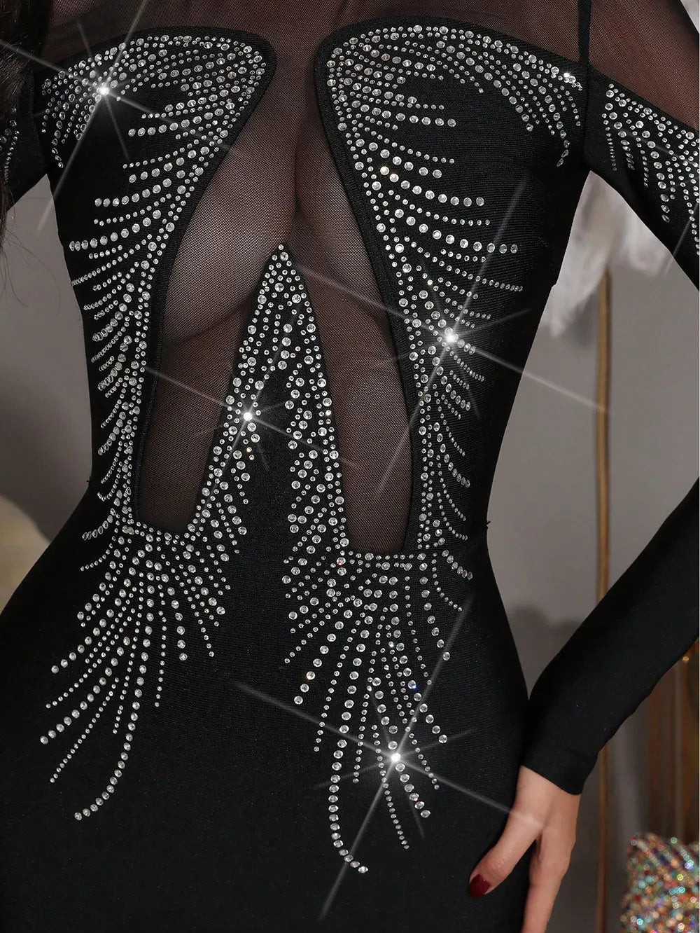 2025 Sexy Women'S Light Luxury Rhinestone Mesh Patchwork Bandage Dress O-Neck Long Sleeved Bodycon Evening Club Party Long Dress