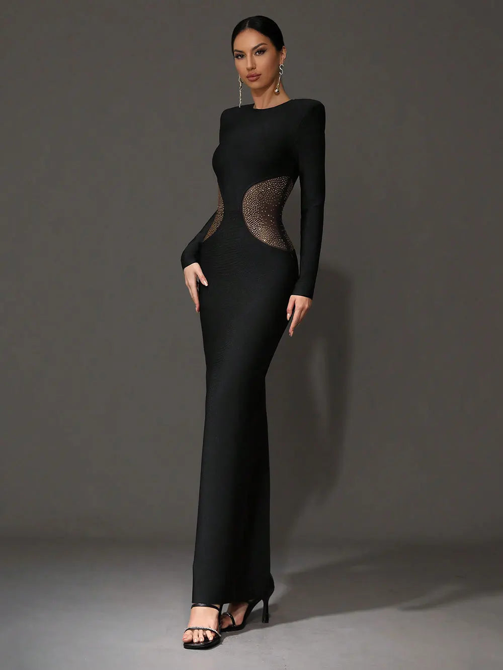 2025 Sexy Women'S Chiffon Hot Stamping Design Bandage Dress O-Neck Long Sleeved Bodycon Black Long Dress Cocktail Party Vestidos