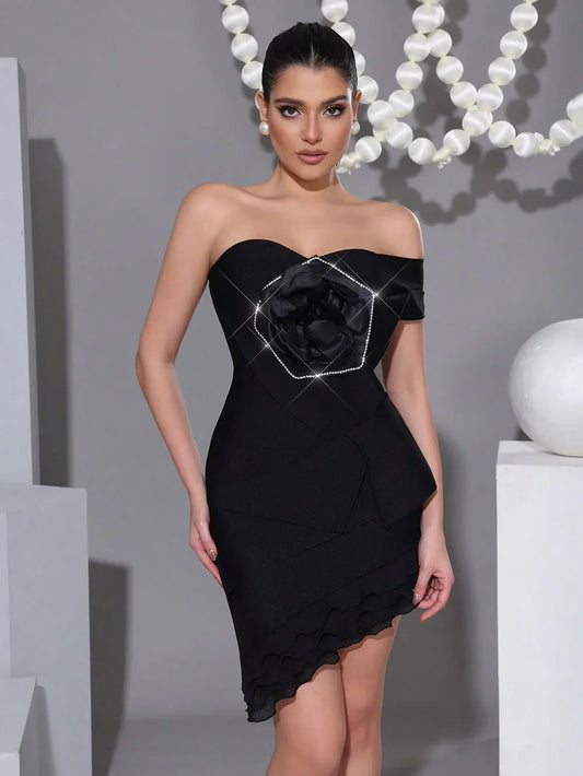 2025 Summer New Women's Black Strapless Diamond 3D Flower Mini Sexy Boutique Celebrity Cocktail Party Bandage Dress