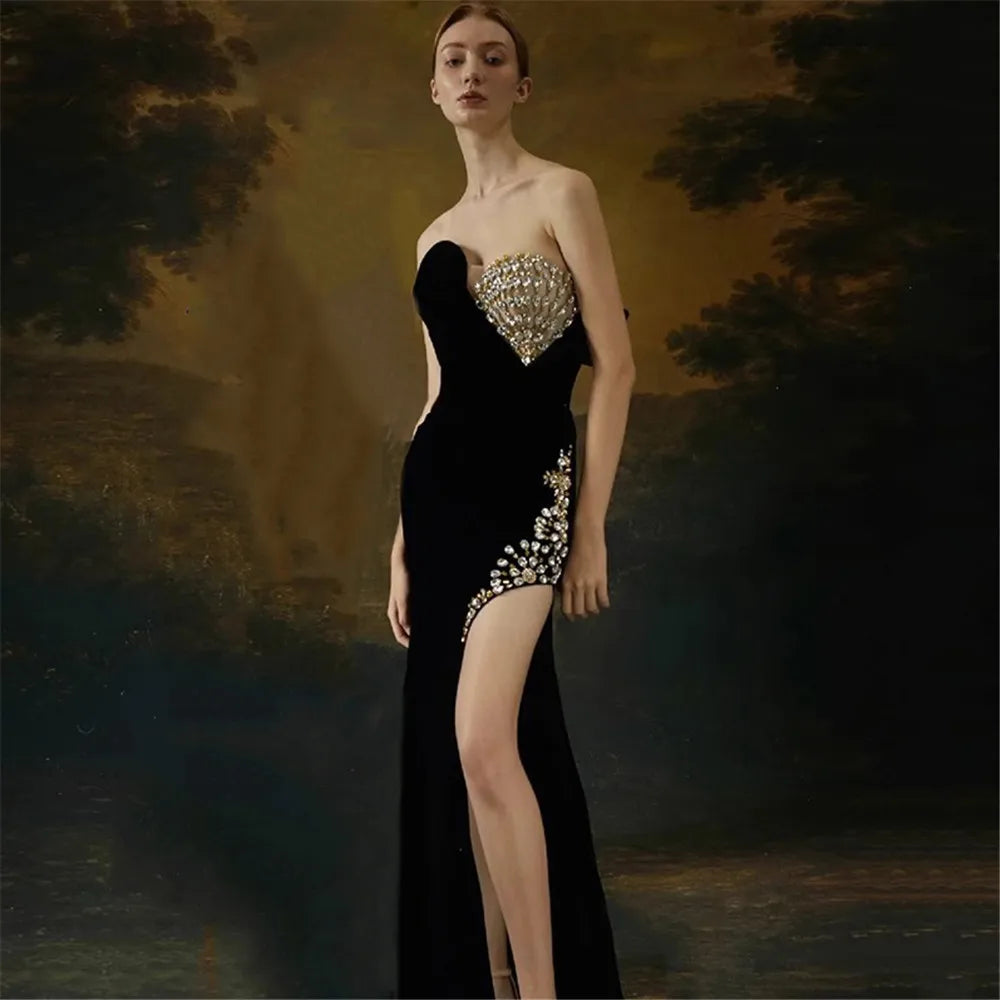 High Quality Women Sexy Strapless Shinning Crystal Bodycon Bandage Long Dress Celebrate Evening Party Red Carpet Outfit Vestido black