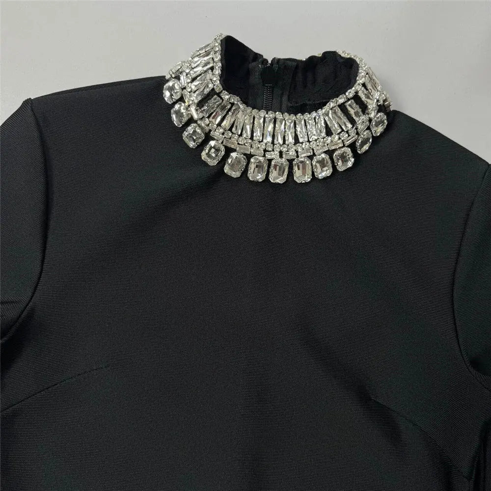 2024 Women's Light Luxury Beaded Elegant Bandage Dress Stand Collar Horn Sleeve Bodycon Long Dresses Evening Club Party Vestidos