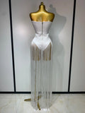 Women Sexy White Elegant Strapless Long Tassels Bandage Bodysuit Evening Party Luxury Birthdy Nightclub Singer Stage Outfit