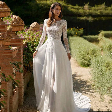 New Boho Wedding Dress Scoop Lace Appliques Long Sleeves Backless Chiffon Beach Bridal Party Gowns Vestidos De Noiva
