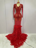 Sparkling Red Crystals Feathers Long Sleeve Mermaid Maxi Dress Women Wedding Celebrate Luxury Birthday Party Prom Gown