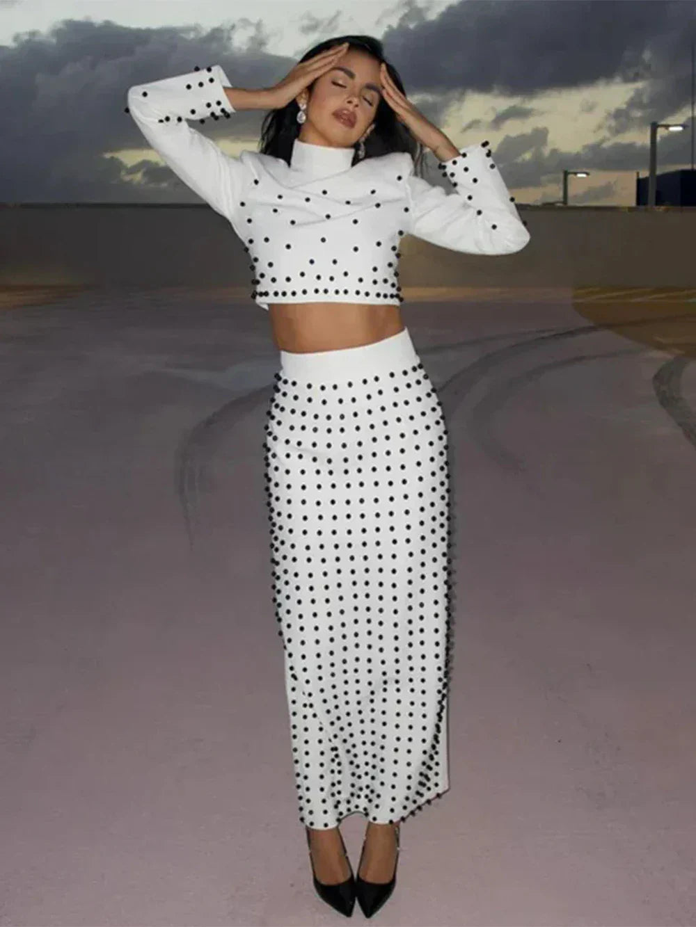 Women'S Black And White Beaded Short Top+Long Skirt Bandage Two-Piece Set Elegant Evening Party Female Outfit New