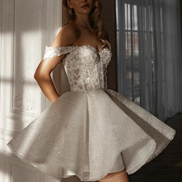 Sexy Mini Short Sequins Wedding Dress Lace Decal Sweetheart Garden A-line Off Shoulder Bridal Bride Party Grown Boho Vestido