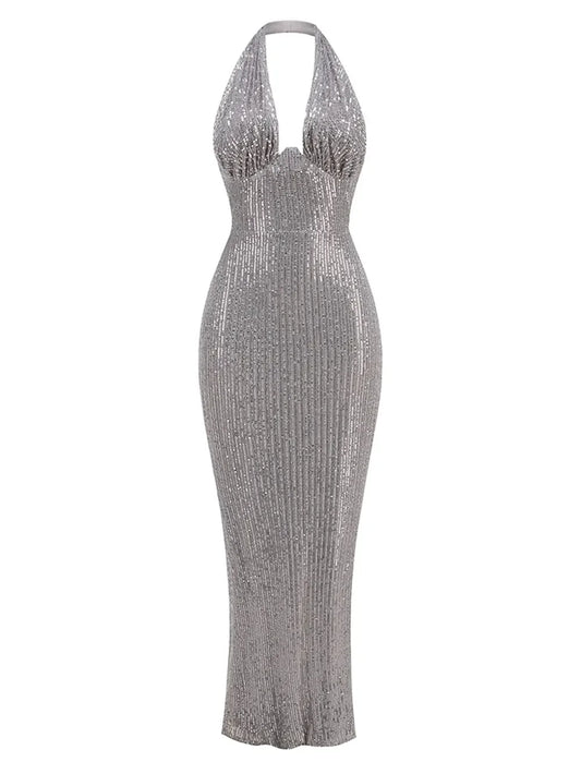 2024 Sexy Women's Maxi Red Sparkle Dress with Hanging Neck Sleeveless Bodycon Backless Long Dresses Evening Club Party Vestidos Dark Grey