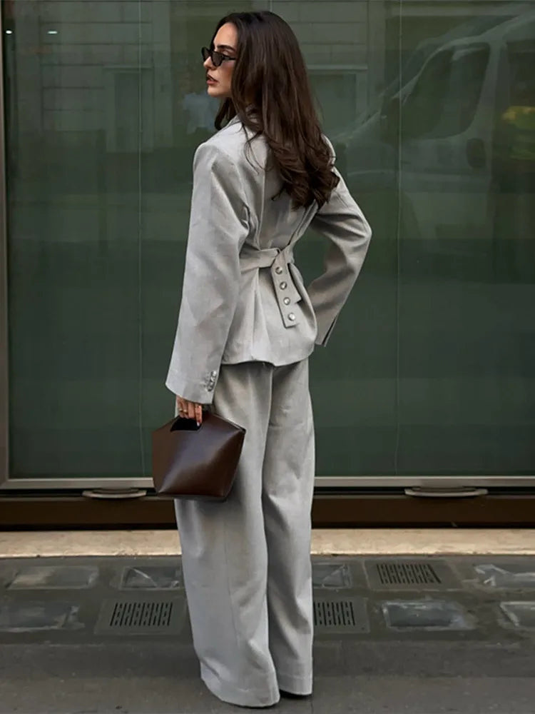 Women's 2 Pcs Suits Lapel Bandage Waist Cinching Suit Jacket Pants Sets New Office Lady Slim Blazers High Waist Trousers Outfits