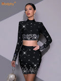 Modphy Black Yellow Rhinestone Bandage Two-Piece Set Women Long Sleeve Sexy Short Tops Bodycon Skirt Mini Sets Fashion Outfit
