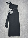 2024 Sexy Women's Light Luxury Nail Diamond Bandage Dress One Shoulder Slant Neck Bodycon Waist Long Dress Evening Party Vestido black
