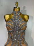 Women Sexy Sparkly Rhinestones Mesh See Through Stretch Dress Luxury Birthday Performance Stage Costume Evening Party Dress