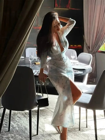 Print V-neck Puff Sleeve Long Dress Women Glamorous Deep V High Waist Front Split Slim Party Dresses New Summer Vocation Vestido