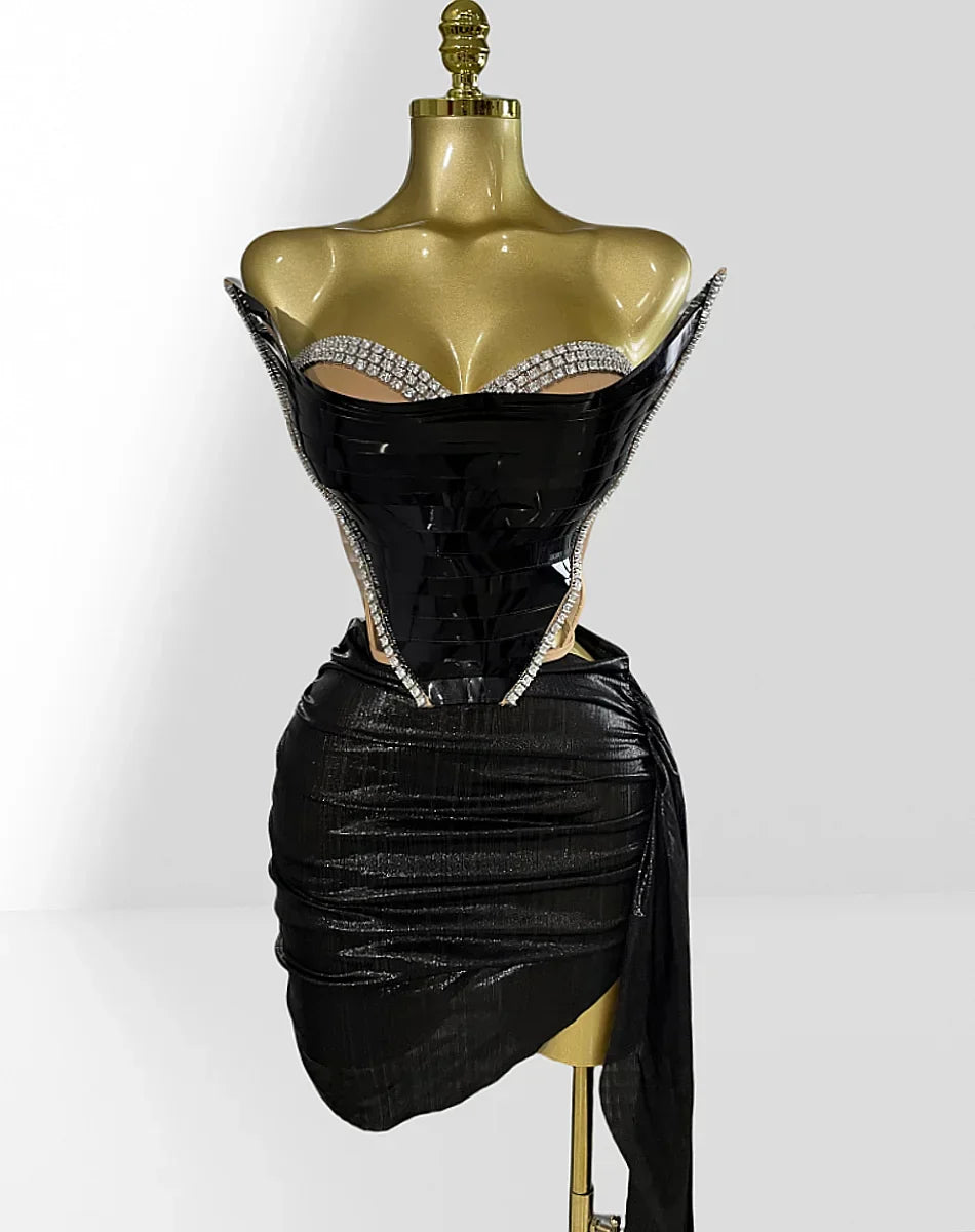 Fashionable Mirror Luxurious Rhinestone Lace -up Top And Mini Skirt Set 2 Pieces Woman Birthday Vestido Music Festival Outfit black