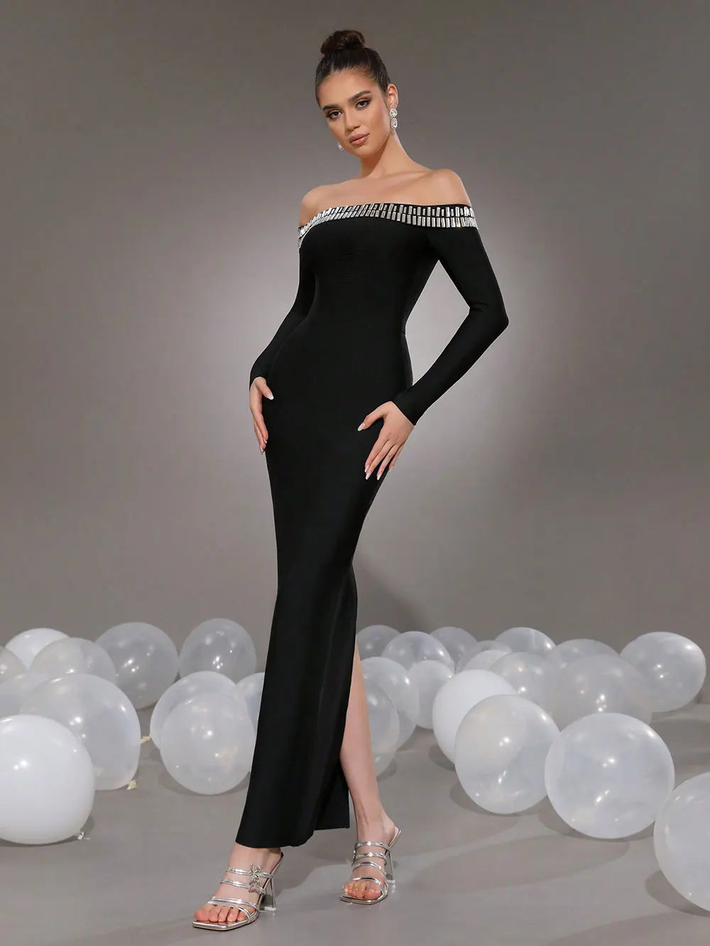 2025 Elegant Women's Light Luxury Nail Bead Bandage Dress with One Piece Collar Shoulder Long Sleeve Bodycon Bareback Long Dress