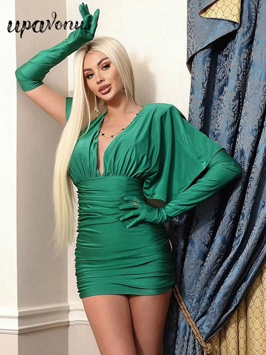 Women's Green Satin Dress Double Collar Bat Sleeve Glove Decoration Draped Loose Mini Dresses Cocktail Evening Party Vestidos