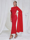 2024 Chic and Elegant Women's Red Dress O-neck Single Shoulder Oversized Trumpet Sleeve Bodycon Long Dress Evening Party Vestido