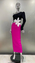 2 Colors Women Sexy One SHoulder Beading Florals Bodycon Bandgae Long Dress Celebrate Fashion Evening Party Birthday Dress Fuchsia