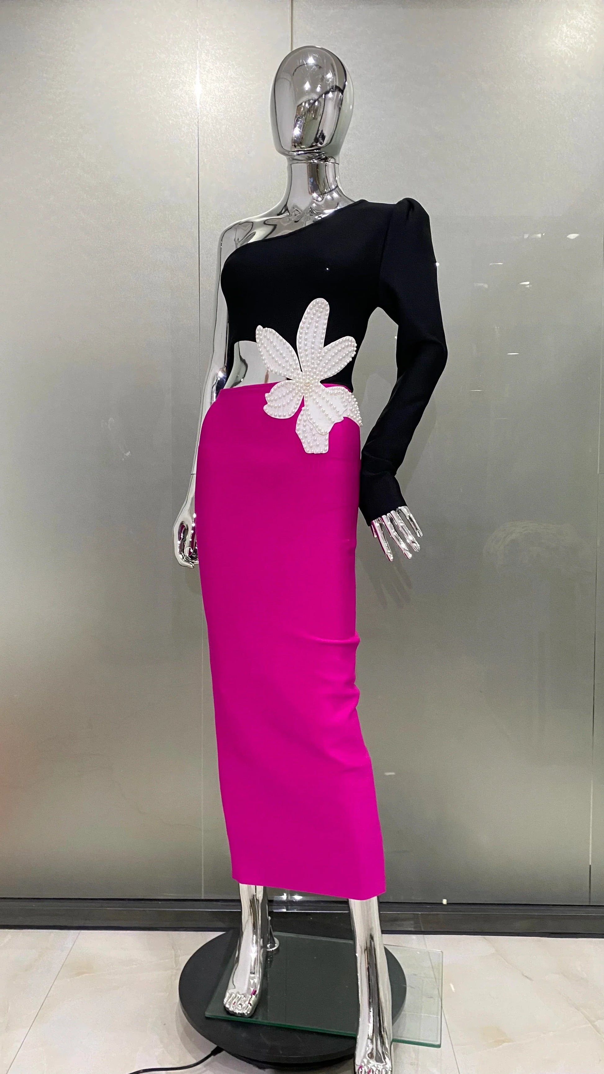 2 Colors Women Sexy One SHoulder Beading Florals Bodycon Bandgae Long Dress Celebrate Fashion Evening Party Birthday Dress Fuchsia