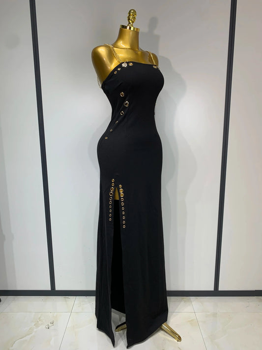 Women Sexy Sleeveless Square Colalr Chain Bodycon Maxi Long Dress Elegant Evening Party Fashion Celebrate Birthday Dress