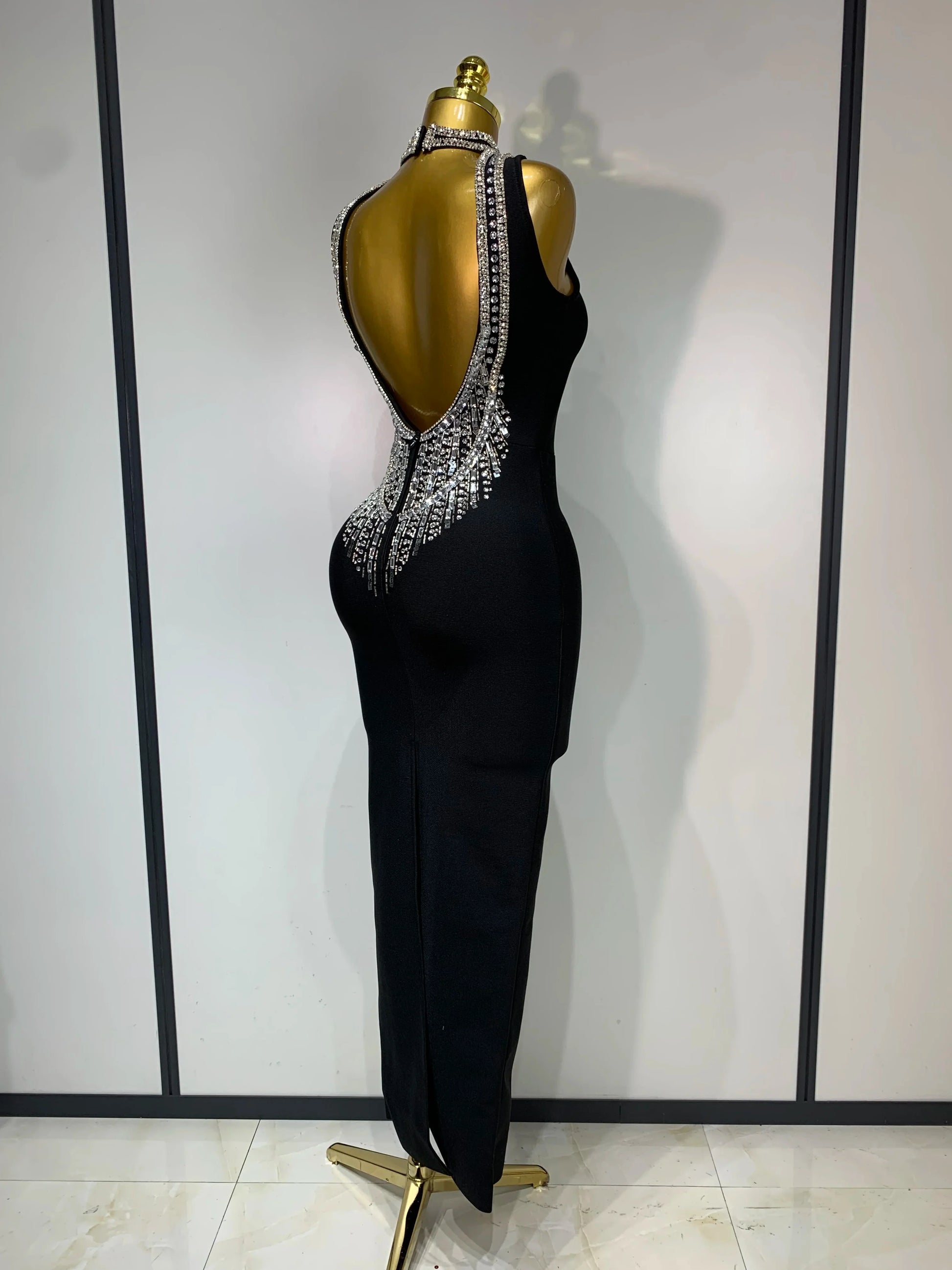 Celebirty Elegant Evening Party Vestido Women's Diamonds Beading Sleeveless Sexy Backless Bandage Dress Wedding Guest Prom Gown