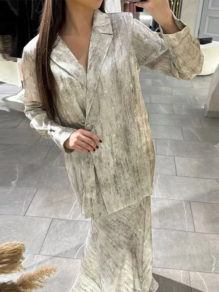 Elegant Solid Slim Women 2 Pcs Suits Lapel Full Sleeve One Button Suit Jacket High Waist Long Skirts Fashion Office Lady Outfits