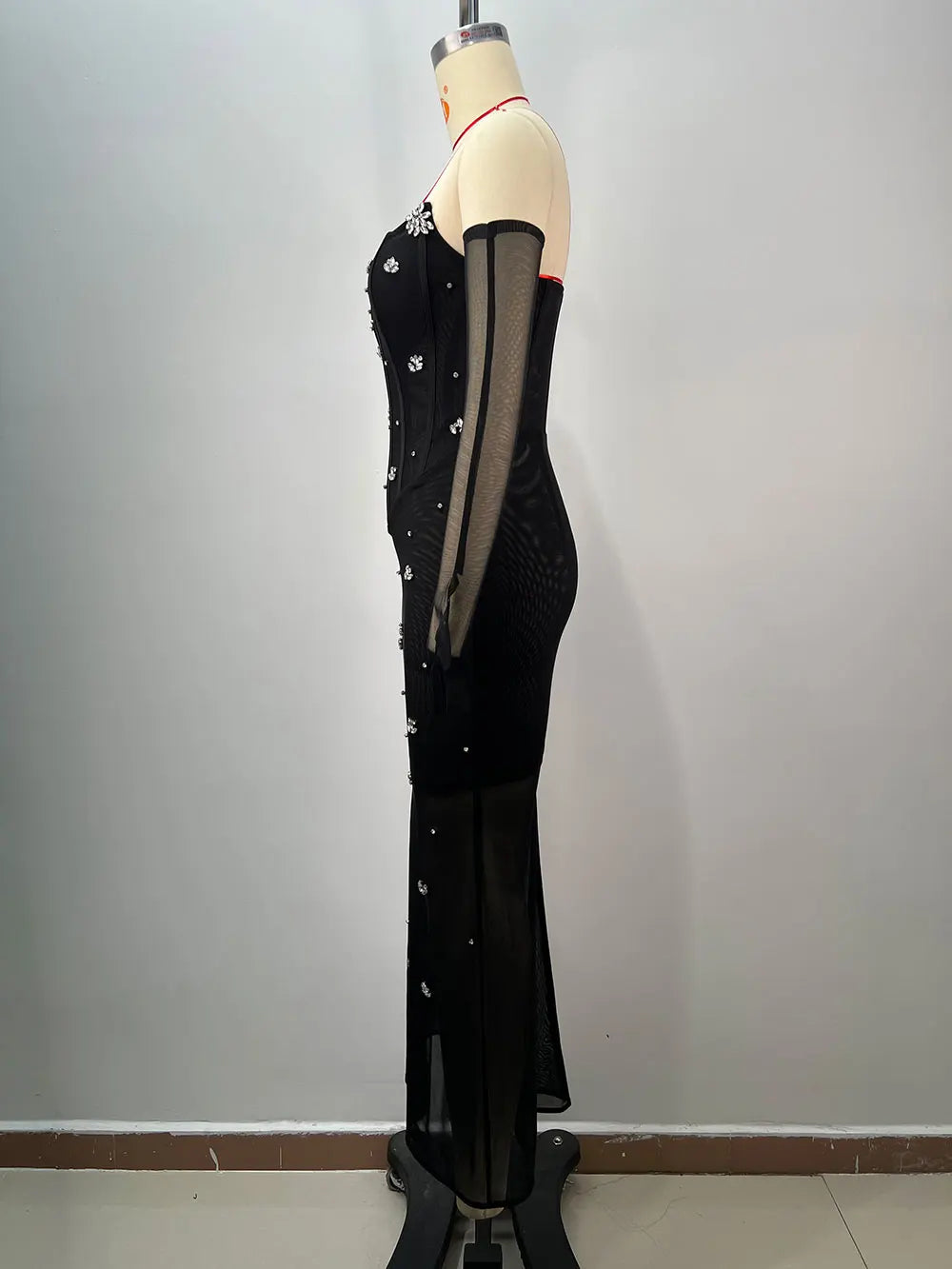 Women'S Light Luxury Nail Bead Chiffon Dress Strapless Sleeveless Glove Design Bodycon Backless Black Long Dresses Vestidos